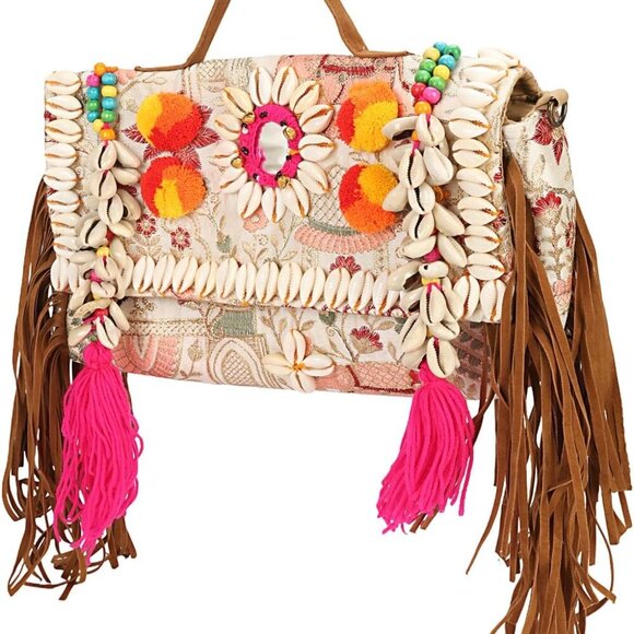 Convertible Floral Embroidered Crossbody Clutch with Leather Fringe - 12" x 6" - Picture 8 of 9